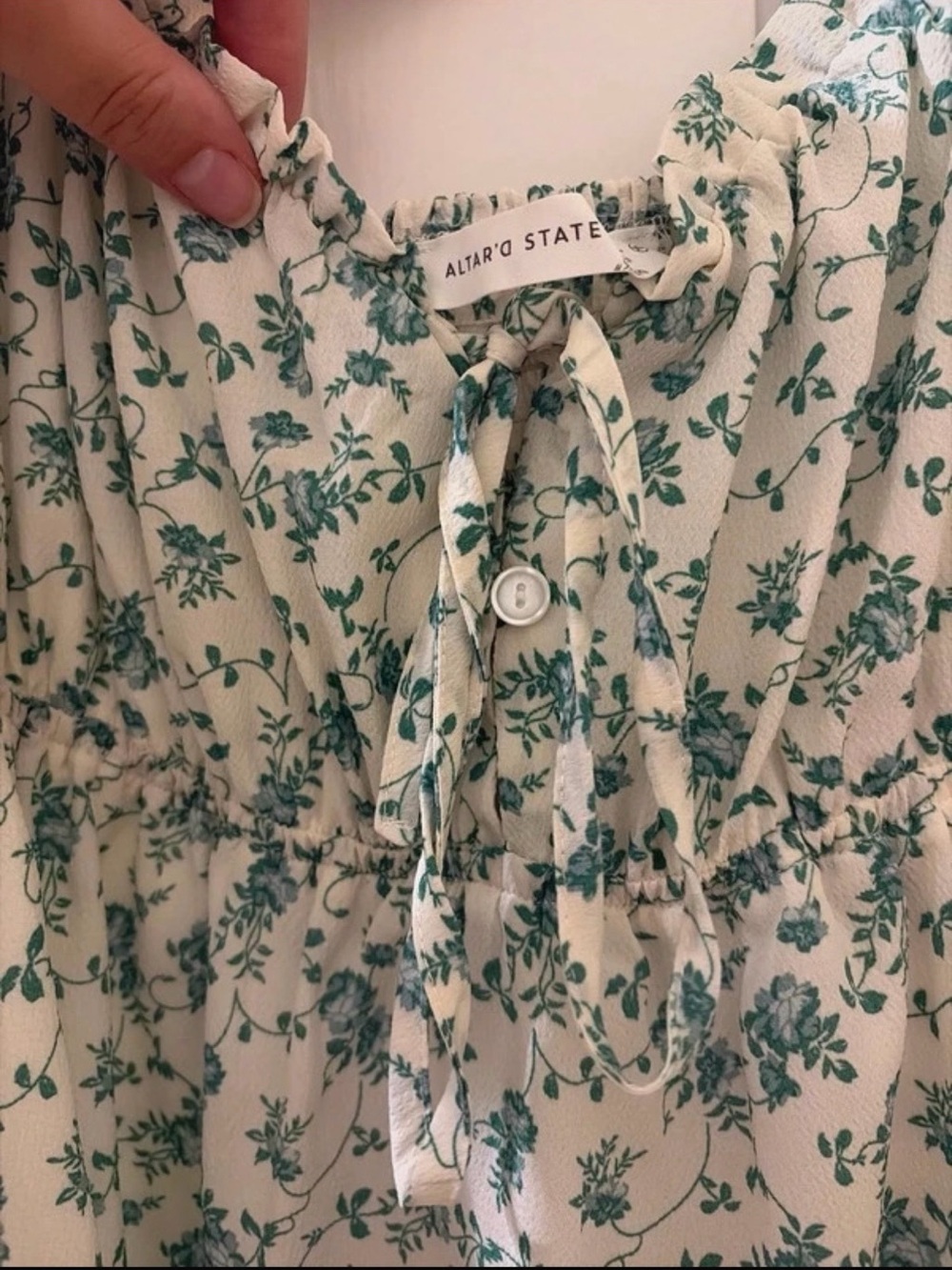 Altar'd State Cream Dress with Green Floral Print and Tie-Front